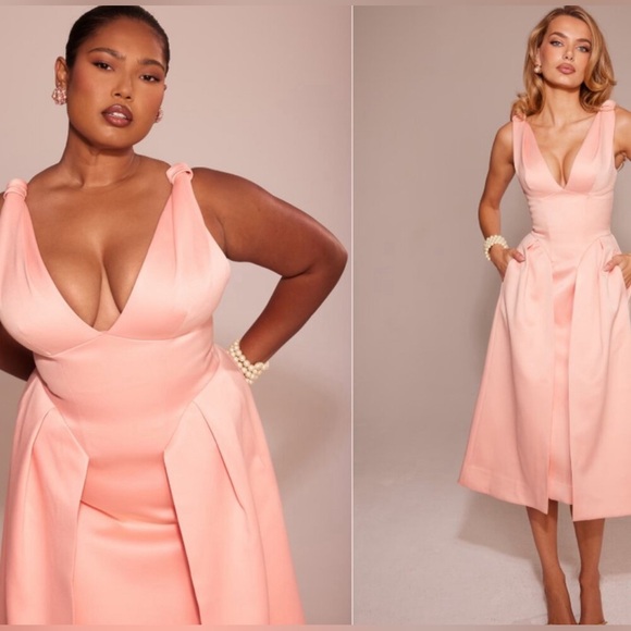 House of CB 'Paloma' peach satin pleated midi dress - Picture 1 of 14